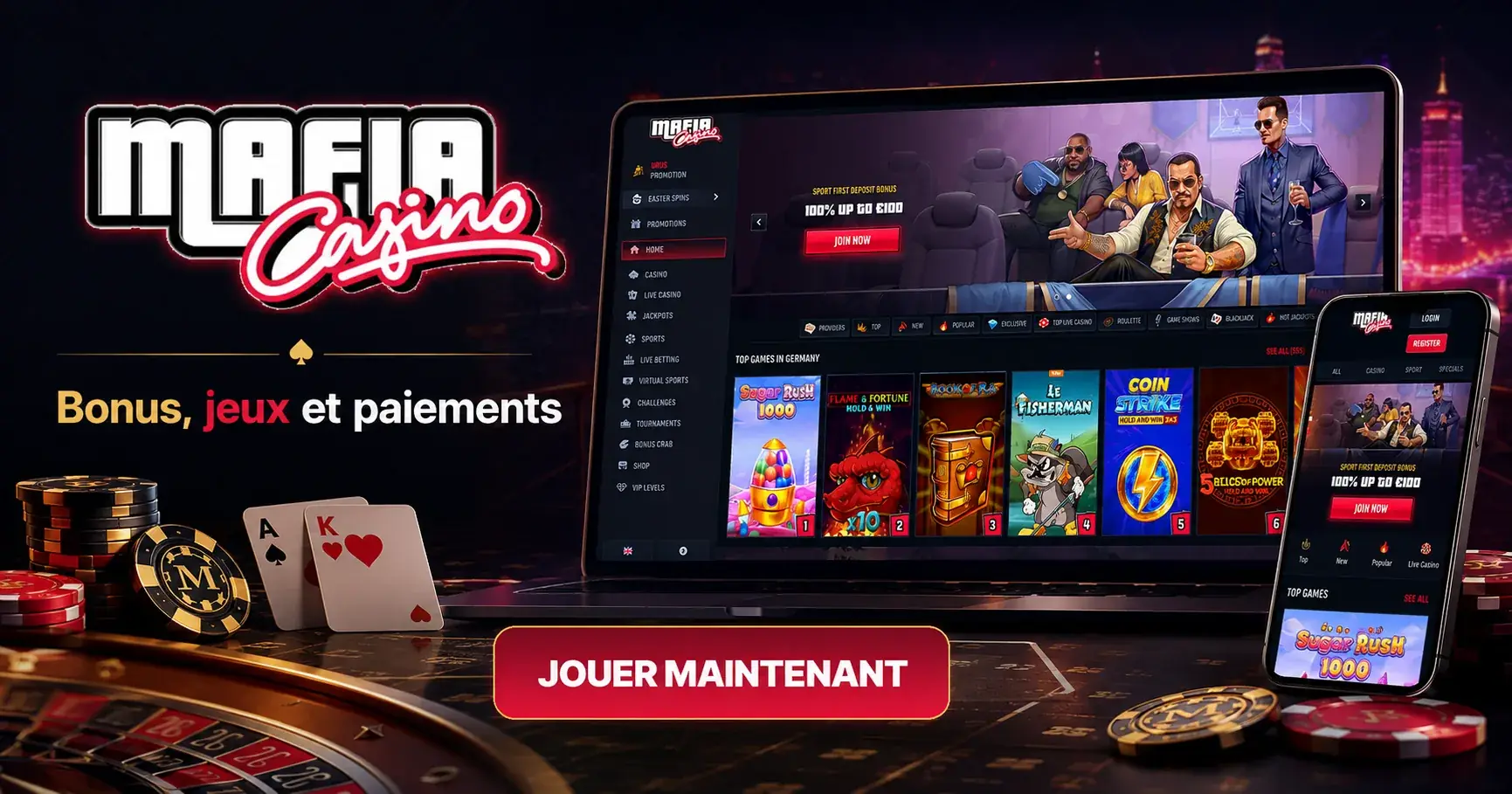Mafia Casino écran principal avec bonus, jeux et paiements