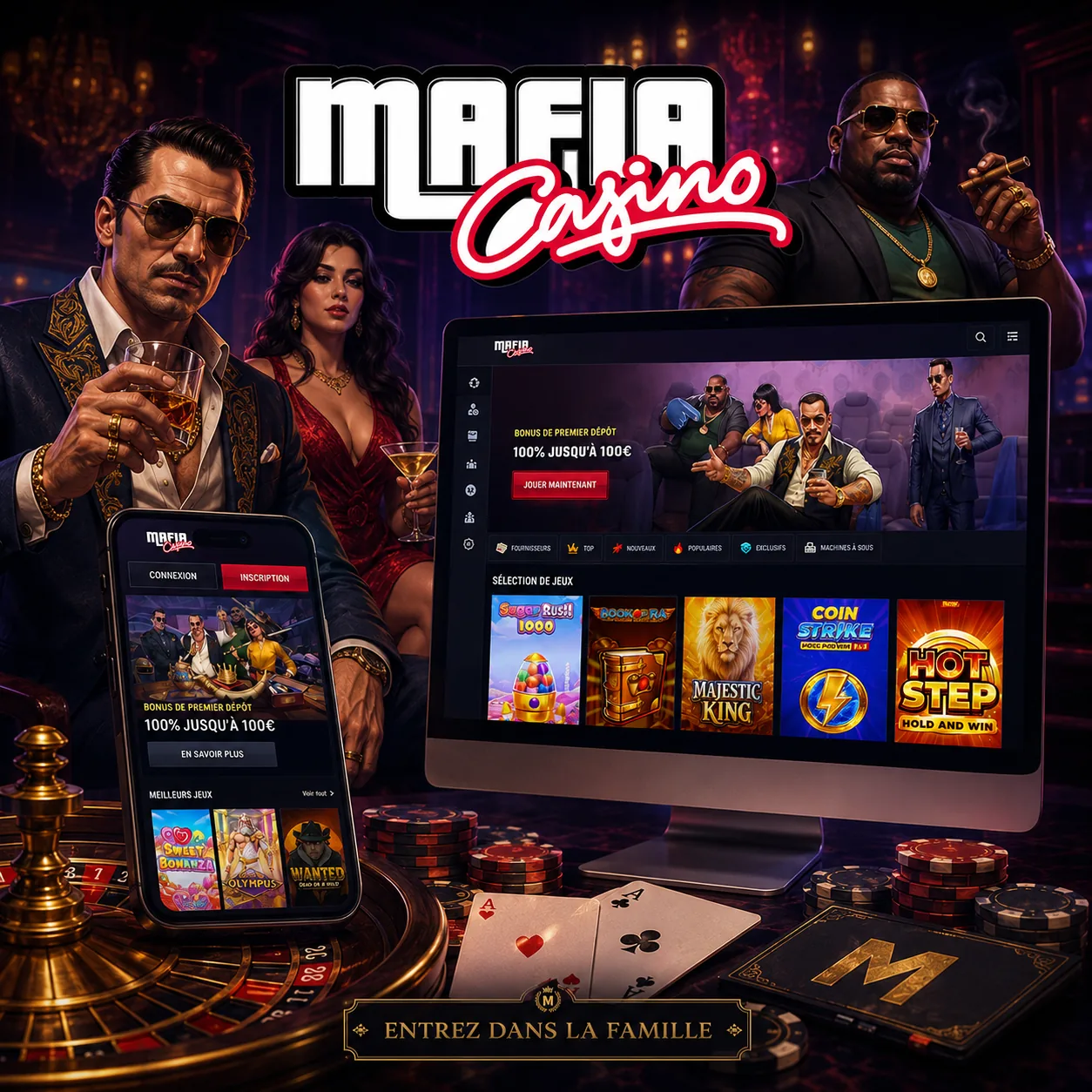 Mafia Casino lobby desktop et mobile avec sélection de jeux